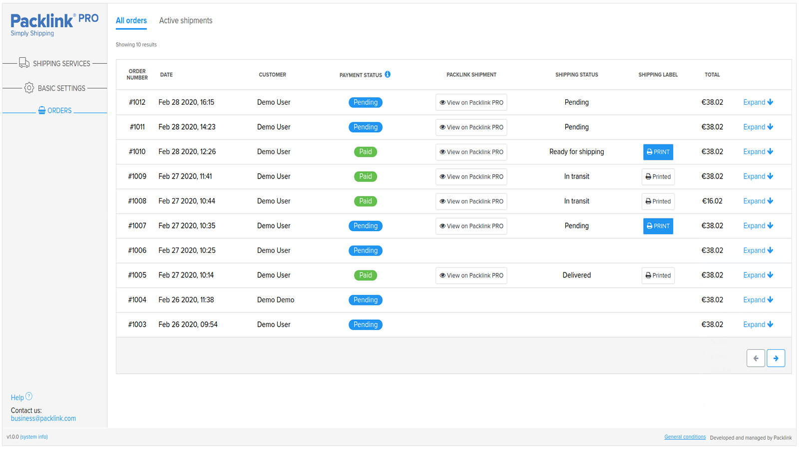 screenshot of Packlink PRO